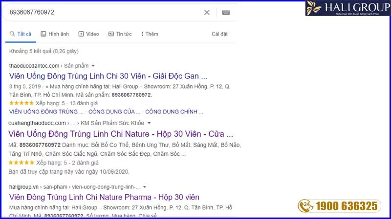 3. KIỂM TRA MÃ VẠCH ĐÔNG TRÙNG LINH CHI NATURE TRÊN GOOGLE